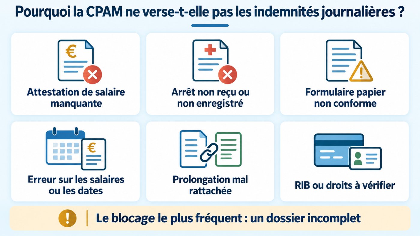 Indemnités journalières CPAM en retard : pourquoi le paiement est bloqué et que faire ?